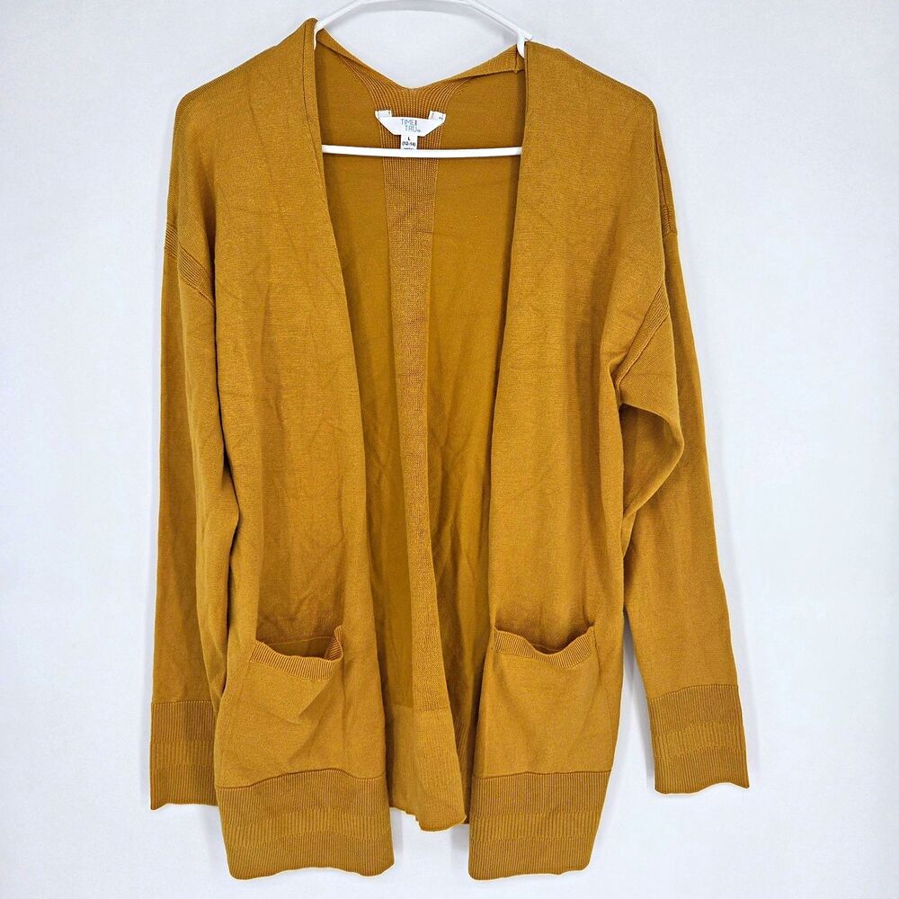 Time and Tru Womens Yellow Knit Open Front Cardigan Sweater Pockets Size L